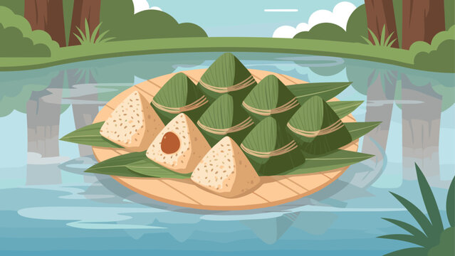 Scenic bamboo leaf packages by tranquil waterside with blue sky and greenery