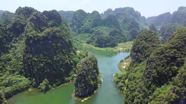 Aerial panorama of Trang An karst landscape, Ninh Binh, Vietnam