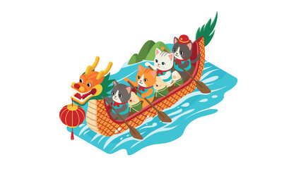 Cute cats enjoying a dragon boat festival in isometric style