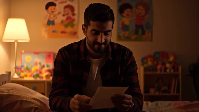 Man reading letter in bedroom. Toy and lamp beside chair. Paper on bed with poster on wall. Night fills room with objects. Shelf holds toy, puzzle. Rug and blanket near bed. Cup and box on nightstand.