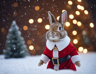 Little tiny bunny dressed up as Santa Claus on snowing, bunny Santa Claus on the snow, winter background