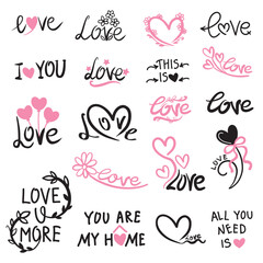 Hand drawn love lettering set with hearts, romantic quotes and doodles. Cute handwritten typography isolated on white background, perfect for Valentine&rsquo;s Day designs, cards, prints