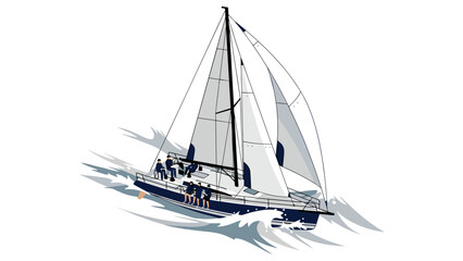 Fototapeta premium Elegant sailboat with crew on ocean waves in stylish flat design