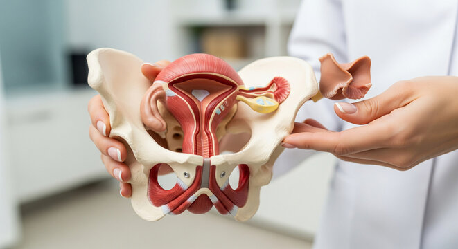 Gynecologist doctor holding female pelvis with muscle and uterus model concept, demonstrating the workings of female reproductive function and pregnancy, close-up