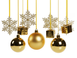 Golden christmas ornaments and snowflakes isolated on transparent background