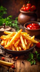 Plate of golden fries sits amidst rustic wooden tabletop with ketchup, tomatoes, herbs, and spices