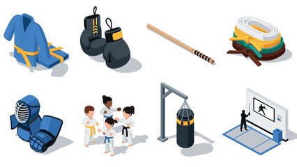 Isometric martial arts equipment and training elements collection