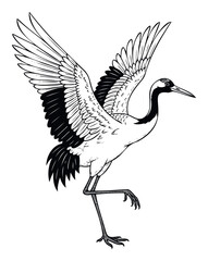 Fototapeta premium Elegant redcrowned crane in a dynamic pose with wings outstretched, an ideal graphic representation for traditional cultural designs, decorative applications, and symbolic brand elements.