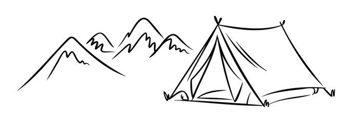 Minimalist black and white line drawing depicting a camping tent against a backdrop of stylized mountains, ideal for use in outdoor adventure promotions, travel industry assets,
