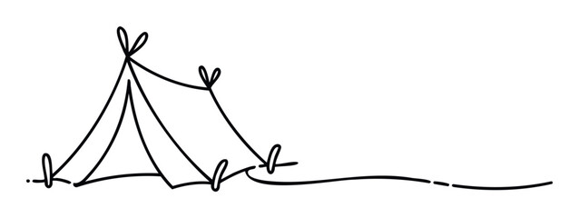 Simple line drawing of an outdoor camping tent with a continuous rope suggesting adventure and journey, perfect for travel promotions or naturethemed branding.