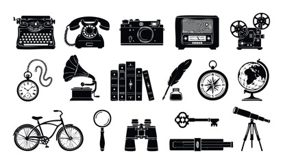 A curated collection of essential vintage black silhouette objects featuring a classic typewriter, rotary telephone, old camera, radio, movie projector, and pocket watch, ideal for