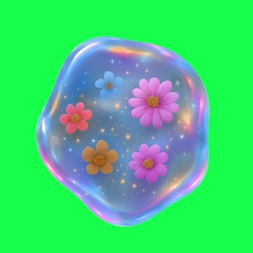 Colorful flowers in cosmic bubble animation, transparent 4K video, green screen