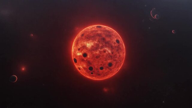 High-detail cinematic visualization of a pulsating red supergiant star with dark plasma eruptions.