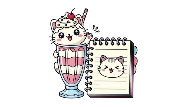 Cute kawaii cat character peeking from a pink milkshake next to a notebook