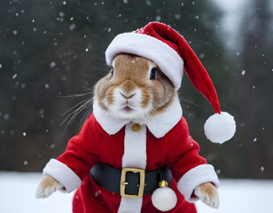 Little tiny bunny dressed up as Santa Claus on snowing, bunny Santa Claus on the snow, winter background
