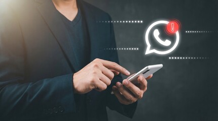 Professional person using smartphone with glowing social media application notification on