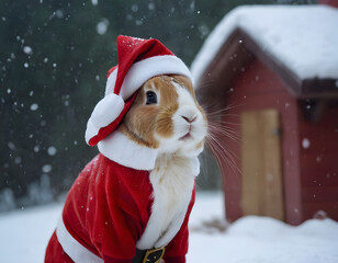 Little tiny bunny dressed up as Santa Claus on snowing, bunny Santa Claus on the snow, winter background