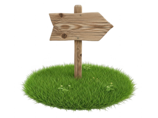 Wooden direction sign on green grass isolated on transparent background. Wooden signpost in grass
