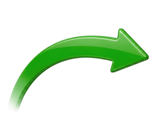 Green curved arrow pointing right isolated on transparent background