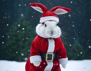Little tiny bunny dressed up as Santa Claus on snowing, bunny Santa Claus on the snow, winter background