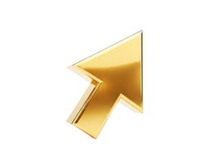 Golden arrow cursor pointing right isolated on transparent background. Golden arrow icon