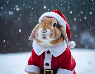 Little tiny bunny dressed up as Santa Claus on snowing, bunny Santa Claus on the snow, winter background