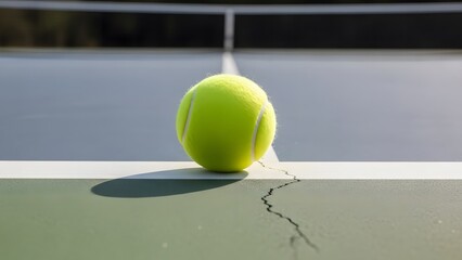 a tennis ball resting on the edge of a hard tennis court near the baseline
