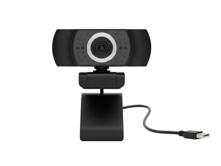 Black usb webcam for video conferencing isolated on transparent background. Modern black webcam with adjustable stand