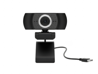 Black usb webcam for video conferencing isolated on transparent background. Modern black webcam with adjustable stand