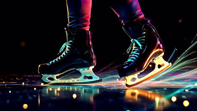 A vivid, highresolution digital artwork of a figure skating on a reflective surface. The skater is depicted in a dynamic pose, with one leg extended forward and the other bent at the elbow.