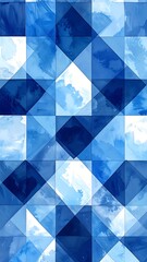 A geometric pattern of blue and white watercolor squares arranged diagonally