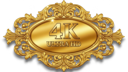 Luxurious golden 4k ultra hd emblem with intricate baroque design for premium media isolated on transparent background