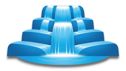 A stylized illustration of a multi-tiered waterfall cascading down structured steps isolated on transparent background