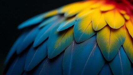 Vibrant feathers of a colorful parrot displayed in a close-up view