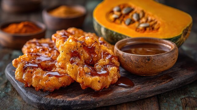 Peruvian picarones pumpkin fritters with chancaca syrup and spices on rustic wooden board