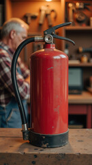 Red fire extinguisher stands prominently workbench, symbolizing safety and preparedness workshop environment. background features tools