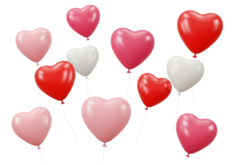 Vibrant heart shaped balloons in red, pink, and white for Valentine's Day