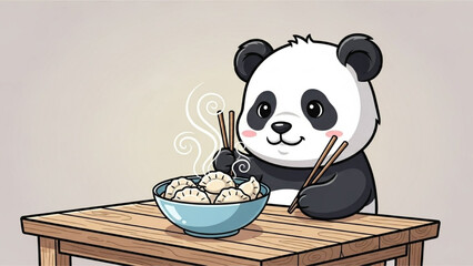 Cute panda eating hot delicious dumplings