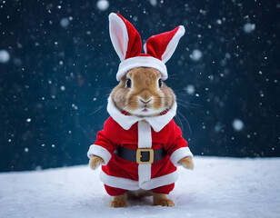Little tiny bunny dressed up as Santa Claus on snowing, bunny Santa Claus on the snow, winter background