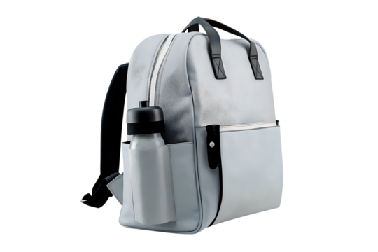 Gray backpack with water bottle on white isolated on a transparent background - Powered by Adobe