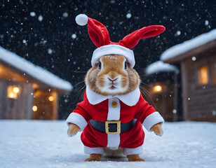 Little tiny bunny dressed up as Santa Claus on snowing, bunny Santa Claus on the snow, winter background