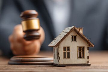 Wooden house model on table with judge gavel in hand of auctioneer for real estate auction and property foreclosure or law court sale concept