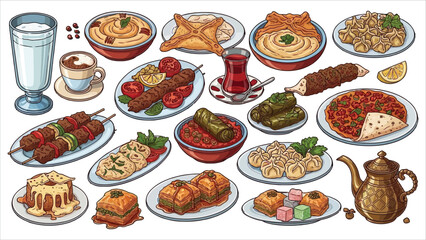 Turkish National Food Set &ndash; Baklava, Doner Kebab, Rahat Lokum, Shawarma, Ayran, Boza, Turkish Tea, Simit & More.