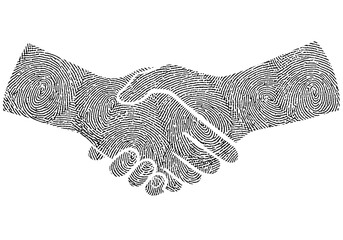 Fingerprint hands shaking in a symbolic partnership