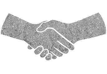 Fingerprint hands shaking in a symbolic partnership
