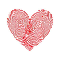 Unique heart shape formed by red fingerprints on black background