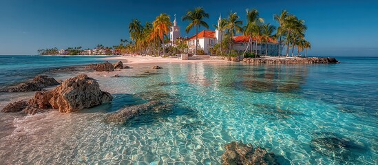Obraz premium Coastal island with buildings, palm trees, clear water, and sandy beach under a blue sky