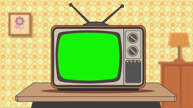 Old Retro CRT TV Cartoon Illustration with Green Screen (Chroma Key), RGB Glitch Animation, Vintage 90s Nostalgia Concept