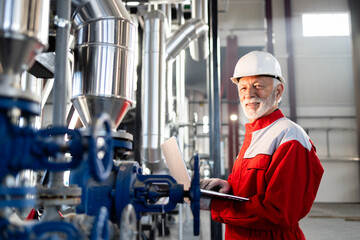 Mature engineer using laptop in industrial plant