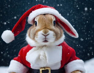 Little tiny bunny dressed up as Santa Claus on snowing, bunny Santa Claus on the snow, winter background